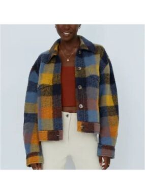 House of Harlow 1960 Women’s Blue Orange Plaid Cropped Button Front Shacket S